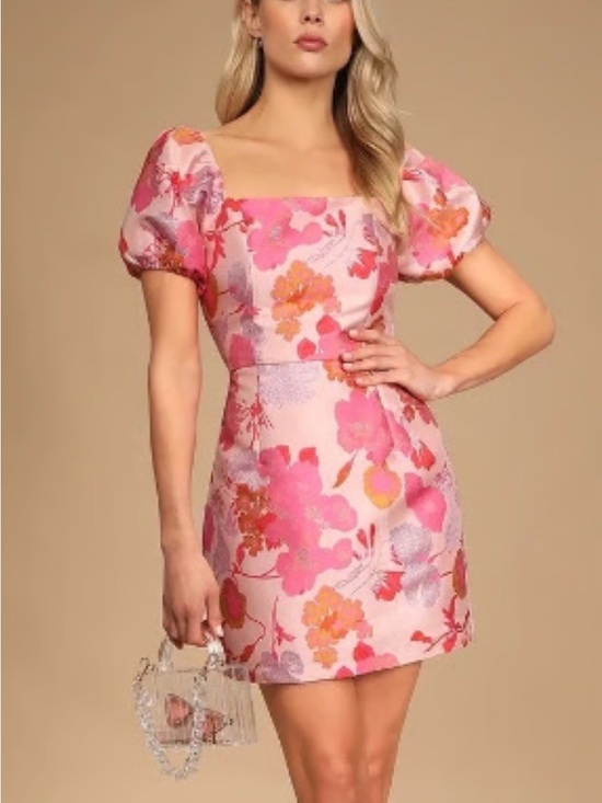 Lulus Dresses & Skirts - Lulu's Pink Floral Puff-Sleeve Square Neck Mini Dress
